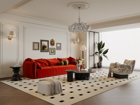  法式客厅 沙发茶几 多人沙发 休闲沙发 吊灯 挂画 地毯3d模型 