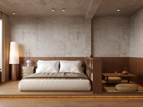  日式卧室  双人床 榻榻米茶桌椅3d模型 