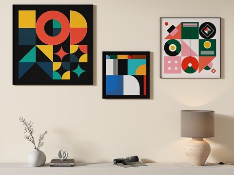  现代，简约，抽象，多巴胺，几何，客厅，组合，装饰画3d模型 