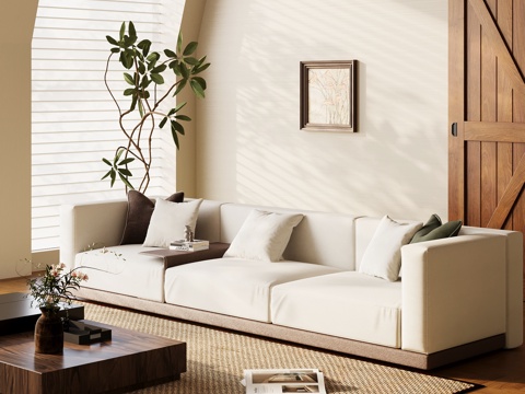 现代中古风多人沙发 布艺休闲沙发su模型