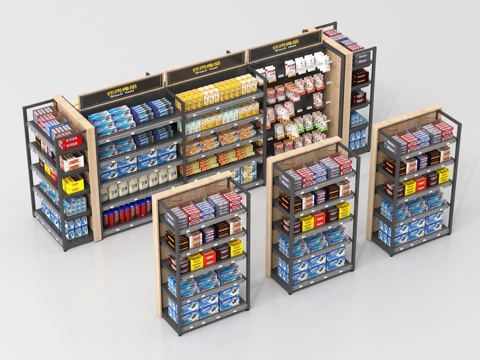  现代超市货架 食品展示货架su模型 