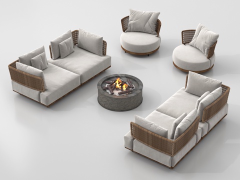  侘寂风沙发组合 户外沙发 单人沙发 围炉煮茶3d模型 