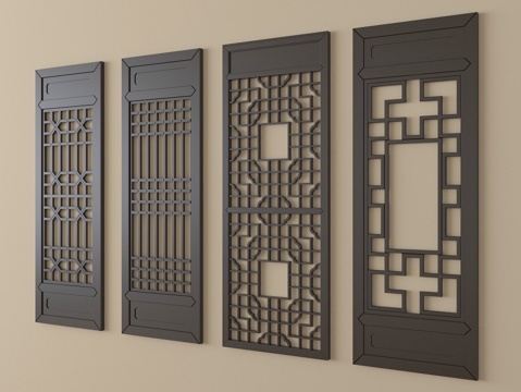 新中式仿古窗 花窗 雕花窗户 花格木窗su模型