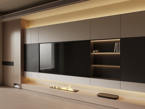  奶油风电视背景墙su模型 