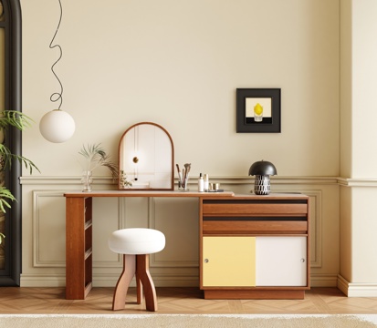  现代中古风梳妆台 复古梳妆台 实木梳妆台3d模型 