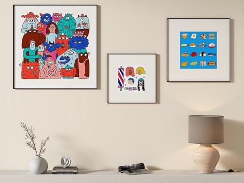  现代，简约，抽象，多巴胺，几何，客厅，组合，装饰画3d模型 