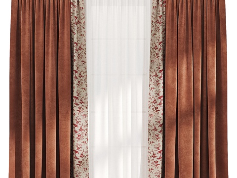  新中式中古风布艺窗帘3d模型 