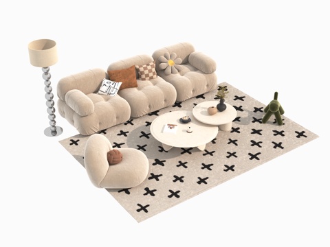  奶油风沙发茶几组合3d模型 