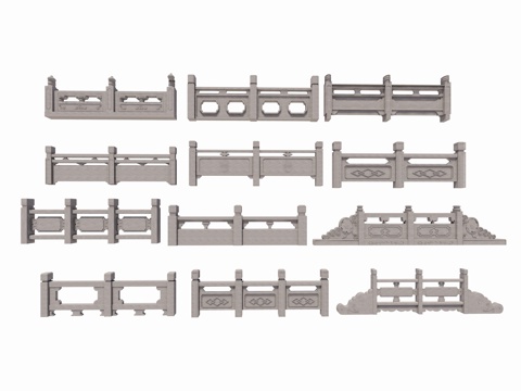 中式亭台楼阁护栏 扶手 拉杆 石材栏杆su模型