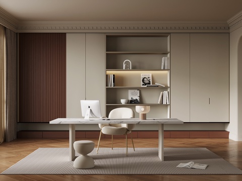  奶油风书房3d模型 