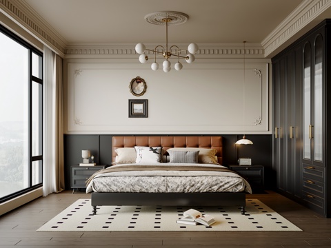  法式中古风卧室 双人床 床头柜 吊灯 挂画 地毯su模型 