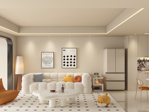  奶油风全景客厅 餐厅 餐桌椅3d模型 