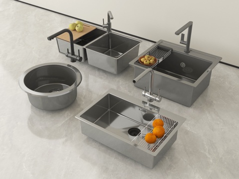 现代水槽洗菜池 洗菜盆水龙头 不锈钢水槽su模型