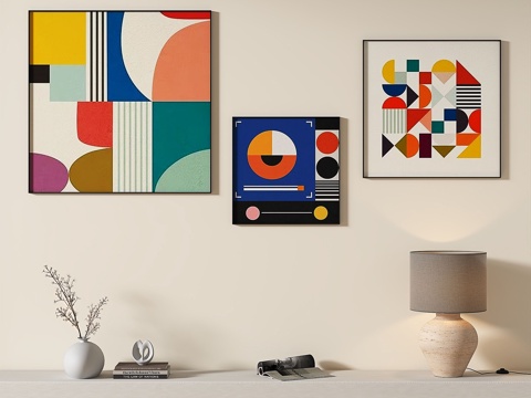  现代，简约，抽象，多巴胺，几何，客厅，组合，装饰画3d模型 