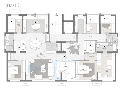  250㎡大平层平面方案 彩平图cad施工图 