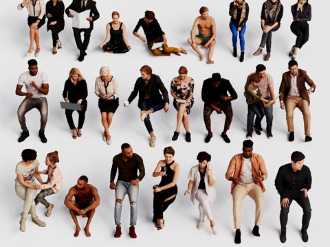  现代三维人物 办公 坐姿 男人 女人 小孩 西装 裙子 组合3d模型 