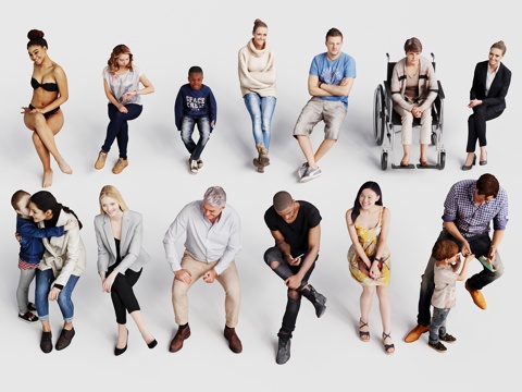  现代三维人物 办公 坐姿 男人 女人 小孩 西装 裙子 组合3d模型 