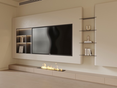  奶油风电视背景墙3d模型 