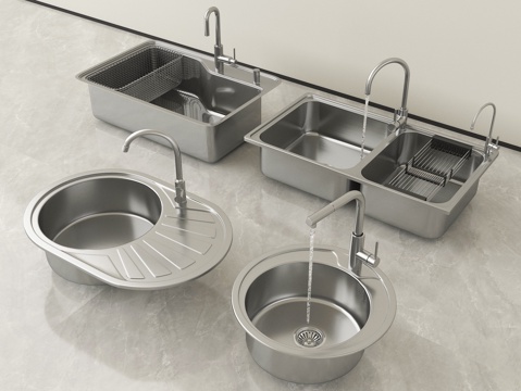 现代水槽洗菜池 洗菜盆水龙头 不锈钢水槽su模型