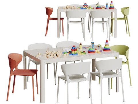  现代儿童桌椅组合 儿童玩具桌 儿童休闲桌椅 长桌3d模型 