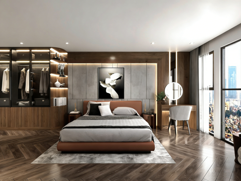  现代简约卧室与书房 悬浮书桌 玻璃衣柜3d模型 