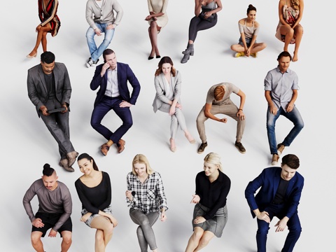  现代三维人物 办公 坐姿 男人 女人 小孩 西装 裙子 组合3d模型 