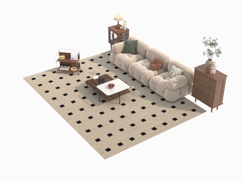  奶油风沙发茶几组合3d模型 