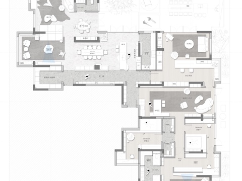 380㎡大平层平面方案 彩平图cad施工图