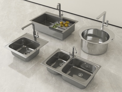 现代水槽洗菜池 洗菜盆水龙头 不锈钢水槽su模型