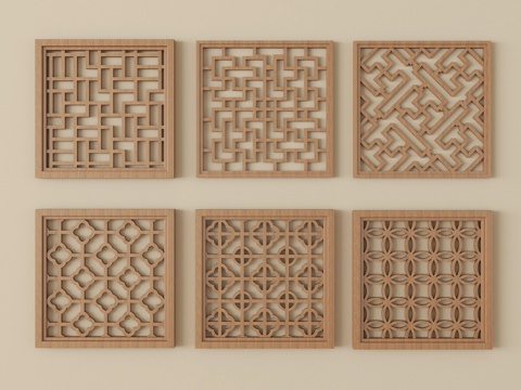 中古风雕花镂空窗 实木窗户花格窗 景墙花格窗镂花窗su模型