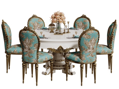 欧式餐桌椅 法式餐桌椅 雕花餐桌椅 圆形餐桌 桌椅组合su模型