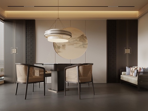  新中式棋牌室 麻将桌 背景墙3d模型 