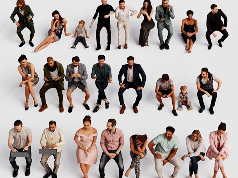  现代三维人物 办公 坐姿 男人 女人 小孩 西装 裙子 组合3d模型 