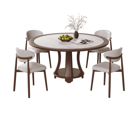 中古风餐桌椅 圆形餐桌su模型