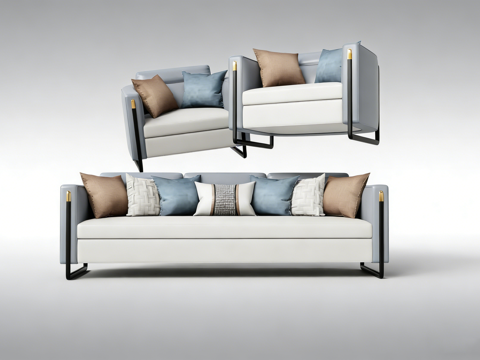现代简约布艺沙发组合 三人位 休闲沙发 抱枕组 金属细腿su模型
