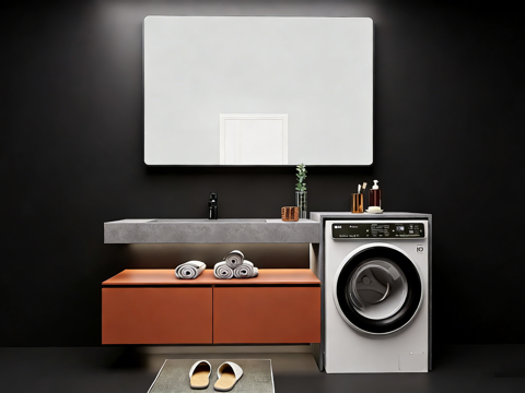 现代简约卫生间 橙色悬浮浴室柜 洗衣机收纳su模型