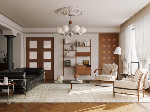  现代中古风客厅 横厅 法式复古风客厅3d模型 