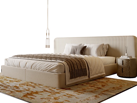  现代轻奢布艺双人床 轻奢床  床头柜  吊灯3d模型 