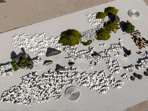 新中式景观小品 植物 草坪 鹅卵石 枯山水su模型