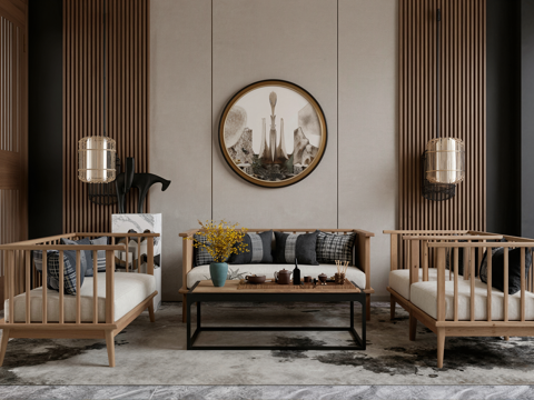 新中式组合沙发茶几茶具背景墙客厅su模型