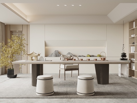  宋式新中风茶室 茶桌椅组合 茶柜 茶具3d模型 