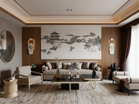 新中式客厅沙发茶几组合su模型