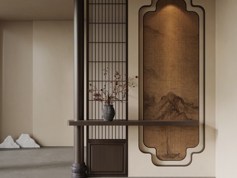  新中式玄关 入户隔断su模型 