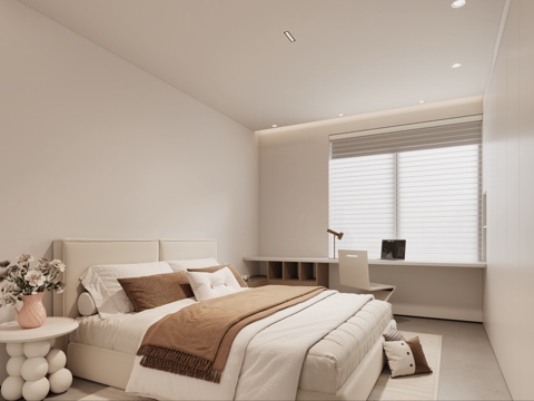  现代极简卧室 奶油风卧室 奶油风床3d模型 