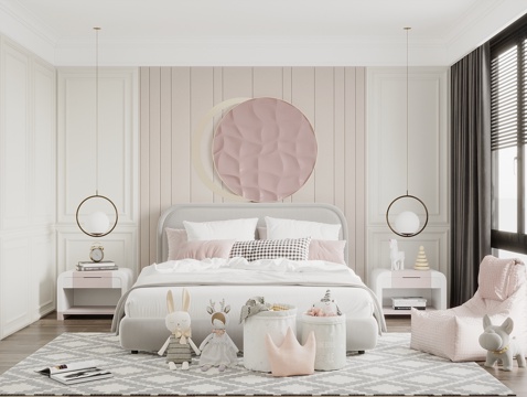  现代儿童房 女儿房 床头背景墙 儿童床 儿童饰品摆件 儿童衣3d模型 