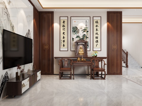  新中式别墅客餐厅    新中式门厅    新中式中堂3d模型 