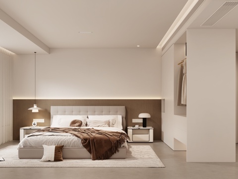  现代奶油风主卧卧室 现代原木风主卧卧室 奶油风床3d模型 