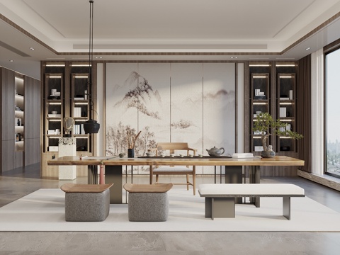  宋式新中风茶室 茶桌椅组合 茶柜 茶具3d模型 