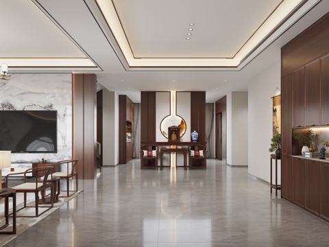  新中式别墅客餐厅    新中式玄关   餐厅   厨房3d模型 