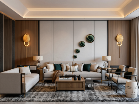 新中式客厅沙发茶几组合su模型